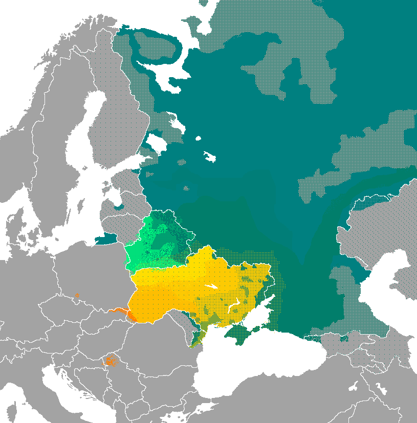 Distribución de los idiomas eslavos orientales. El ruso se habla en Rusia, Crimea y mucho del este y el sur de Ucrania, una franja (Transnistria) en el este de Moldavia, la mayoría de Bielorusia, también en el este, y en algunas partes de Letonia y Estonia. El ucraniano se habla en Ucrania, más en el oeste, y el bieoloruso parcialmente en el este de Bieolrusia. El rusino se habla un poco entre las fronteras de Ucrania, Hungría y Polonia, y un poquísimo en Bosnia y Herzegovina.