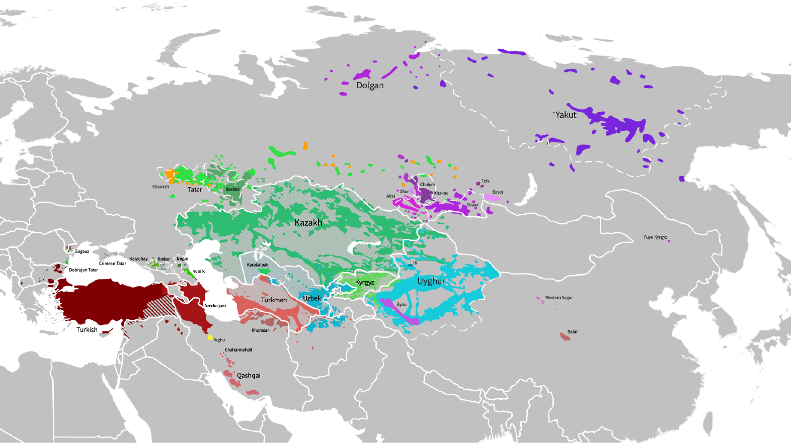 Distribución de idiomas túrquicos. Se hablan los idiomas túrquicos desde Turquía (y algunos de sus vecinos occidentales) hacia los países centro asiáticos, y también hasta el norte-este de Rusia y el sur de Iran.